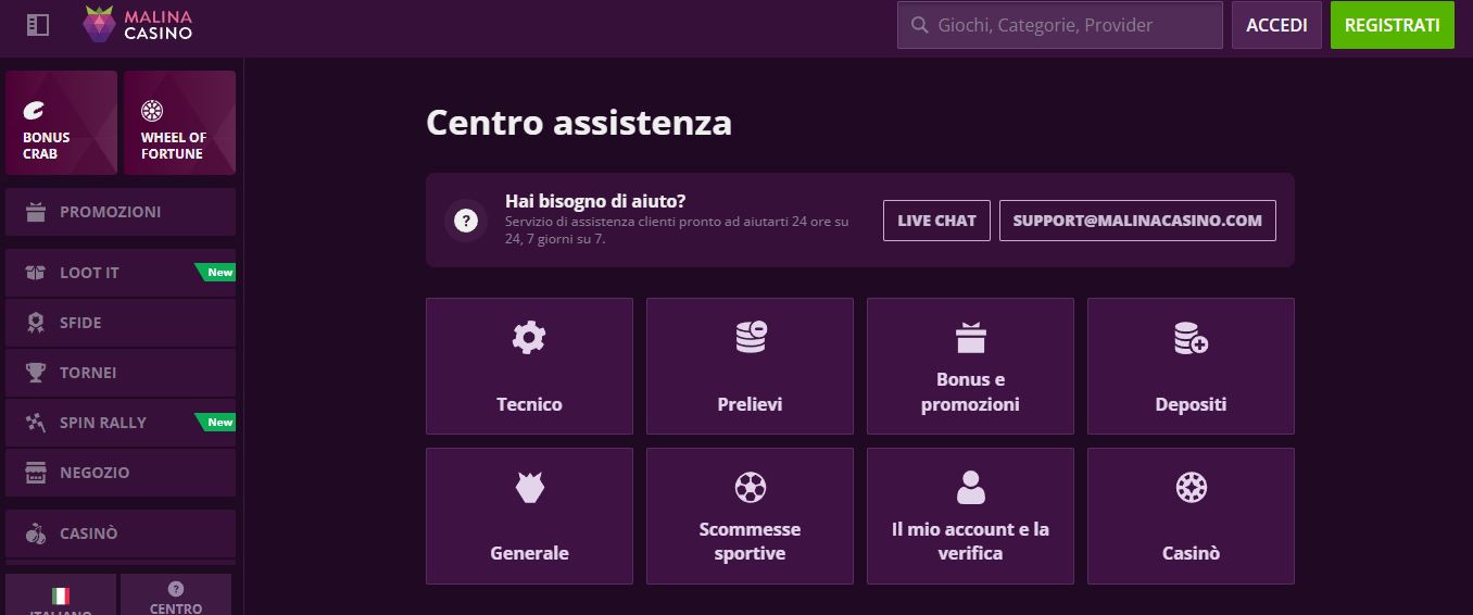 Contatta il supporto Malina Casino tramite live chat
