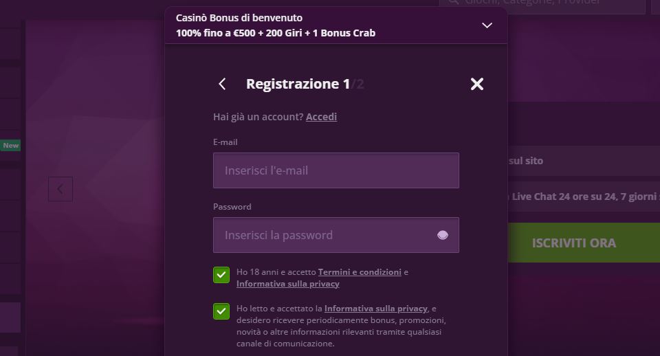 Registrati su Malina Casino inserendo email e password